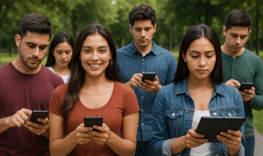 Grupo de jóvenes encuestadores en campo usando dispositivos móviles en un parque, representando trabajo de recolección de datos presencial.