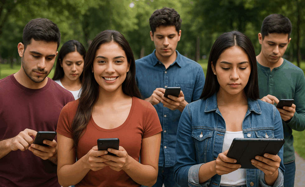 Grupo de jóvenes encuestadores en campo usando dispositivos móviles en un parque, representando trabajo de recolección de datos presencial.