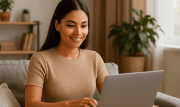 Mujer joven con rasgos mexicanos trabajando desde casa en su sala, usando una laptop, con expresión profesional y ambiente cálido.