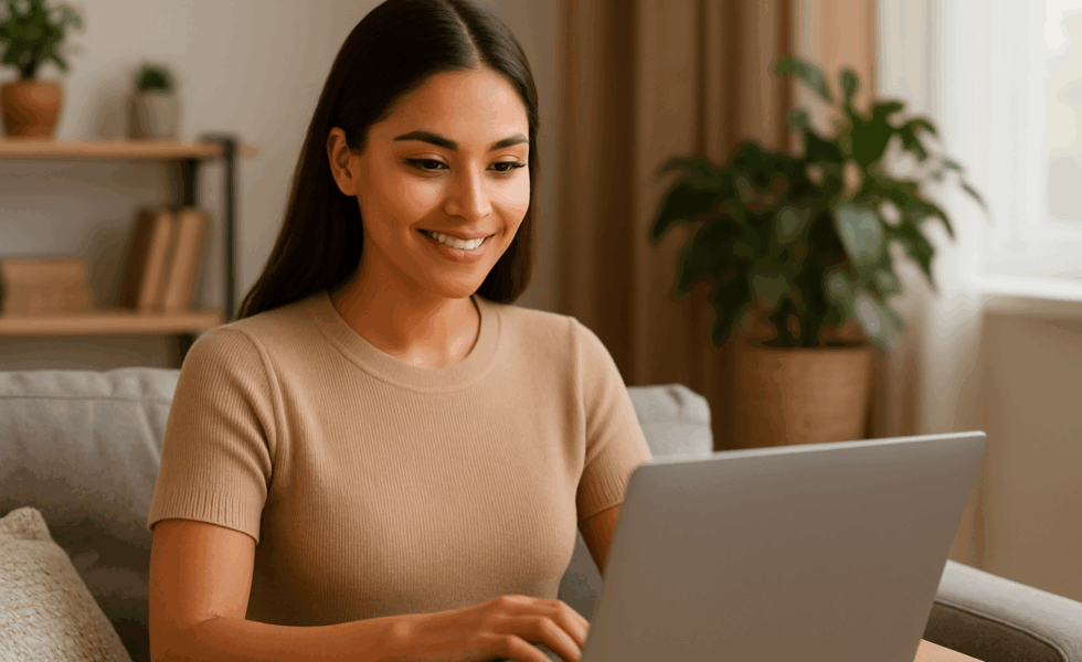 Mujer joven con rasgos mexicanos trabajando desde casa en su sala, usando una laptop, con expresión profesional y ambiente cálido.